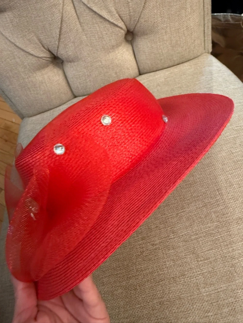 Red Decorative Wide-Brim Straw Hat rhinestones mash, bow Derby red hat Society